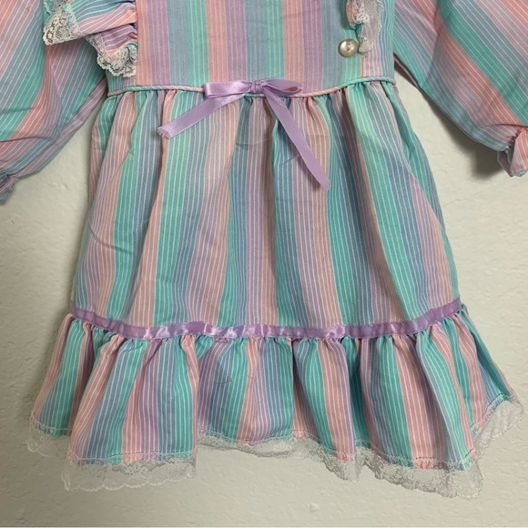 Vintage Toddler Girl Rainbow Stripe Dress 2T Lace Buttons Ribbon Kawaii Bow Cute - Picture 10 of 15
